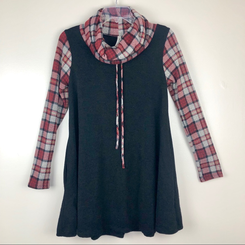 Black Crimson Red Plaid Cowlneck Sweater Tunic